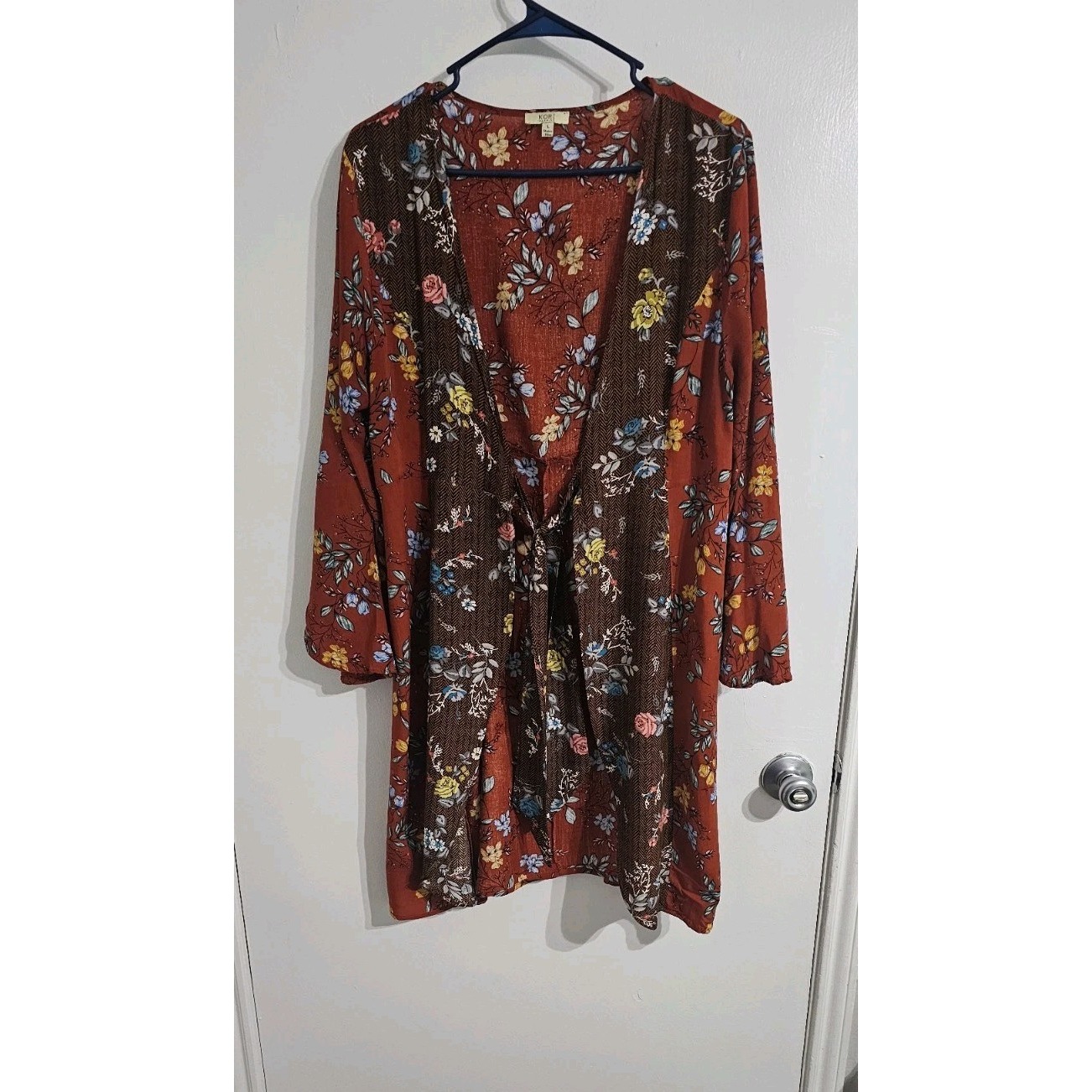 Kori America Kimono Open Front Top Large Floral Orange Blue Boho Patchwork